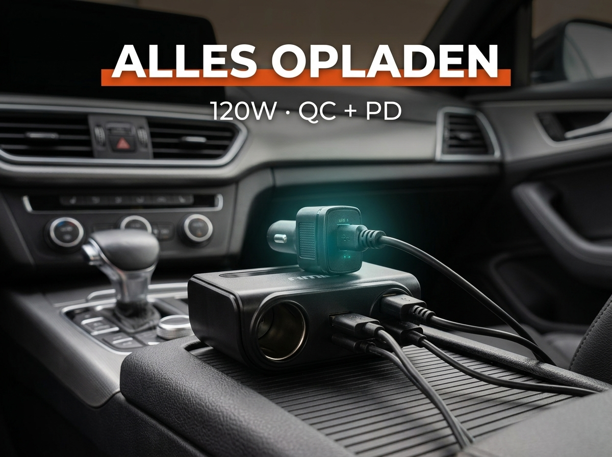 12V splitter met USB-C 120W snellader laad alles tegelijk in de auto
