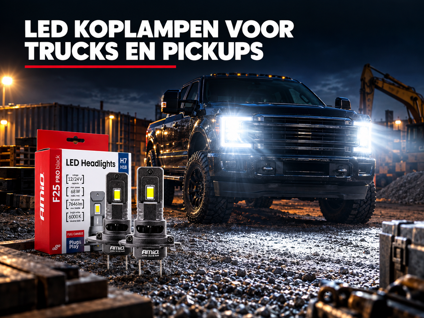AMiO F25 LED koplamp met fel wit licht op pickup truck bij nacht