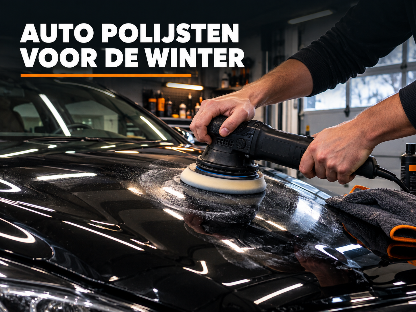 Handen polijsten een glanzende zwarte motorkap in een thuisgarage