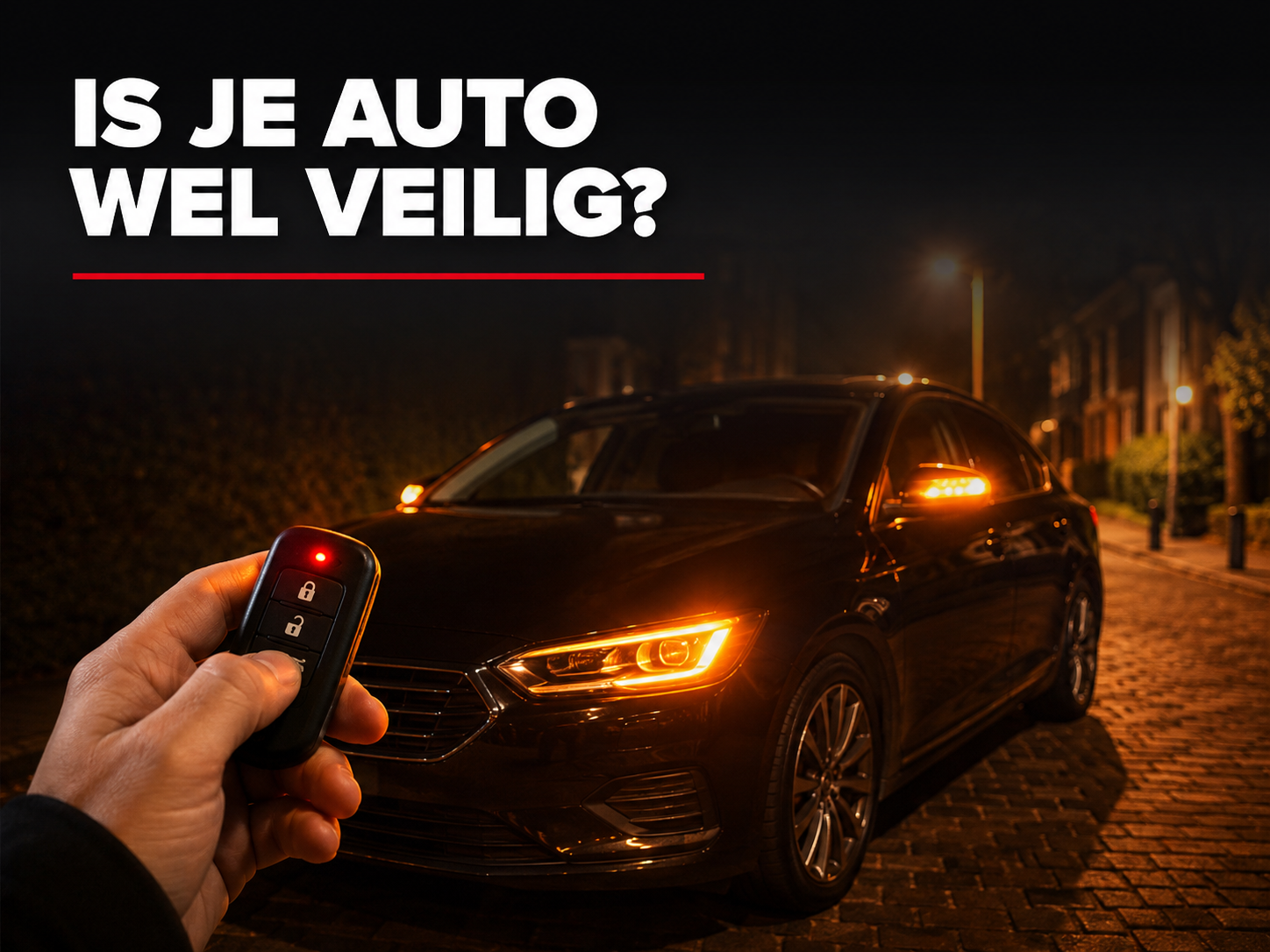 Autoalarm afstandsbediening naast een auto die 's nachts veilig geparkeerd staat onder straatverlichting