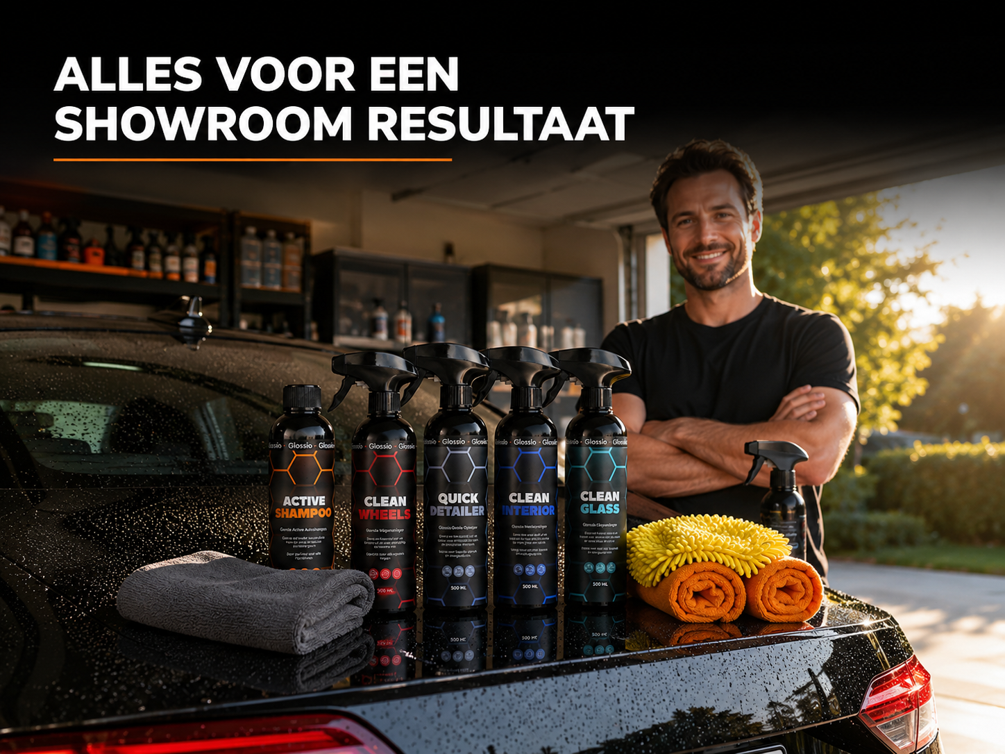 Compleet Glossio detailingpakket met sprays en microvezeldoeken naast glanzend gepoetste auto in garage bij avondlicht