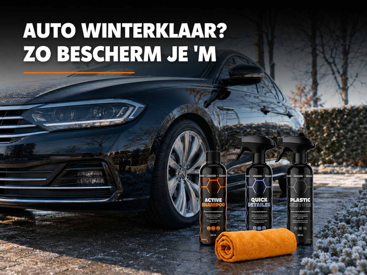 Auto winterklaar gemaakt met het Glossio Winterklaar Pakket op een besneeuwde oprit
