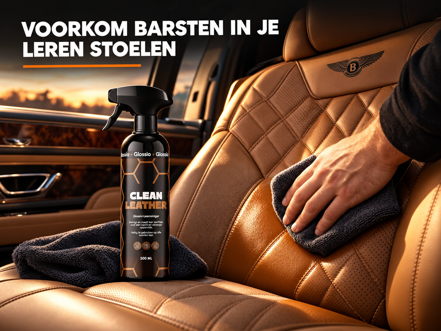 Glossio Clean Leather reiniger op rijk leren stoel in Bentley SUV interieur