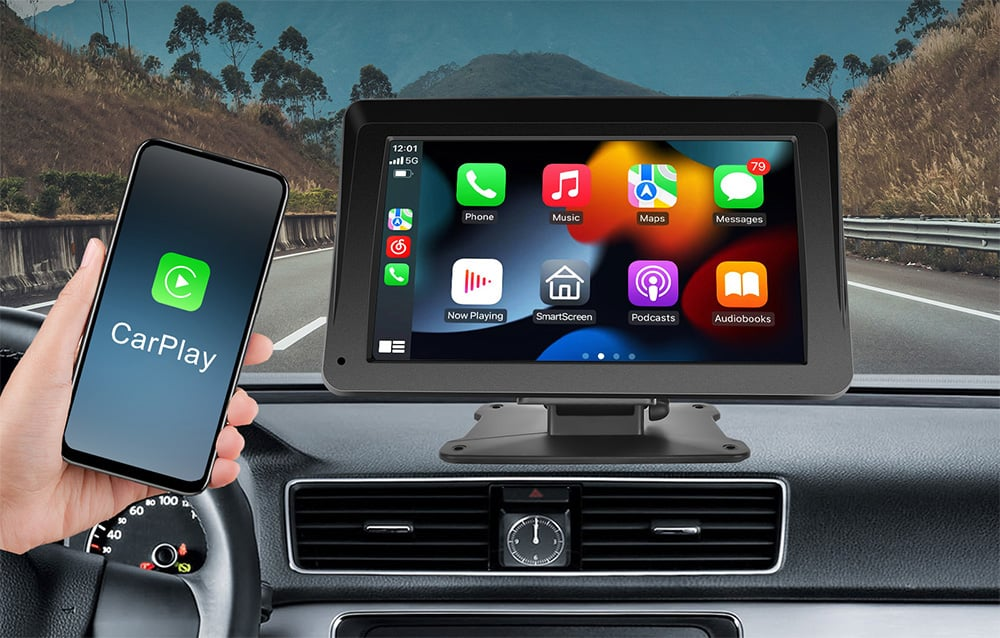 auto scherm met CarPlay en Android Auto, gekoppeld aan een smartphone voor eenvoudige navigatie, muziekstreaming en handsfree bellen.