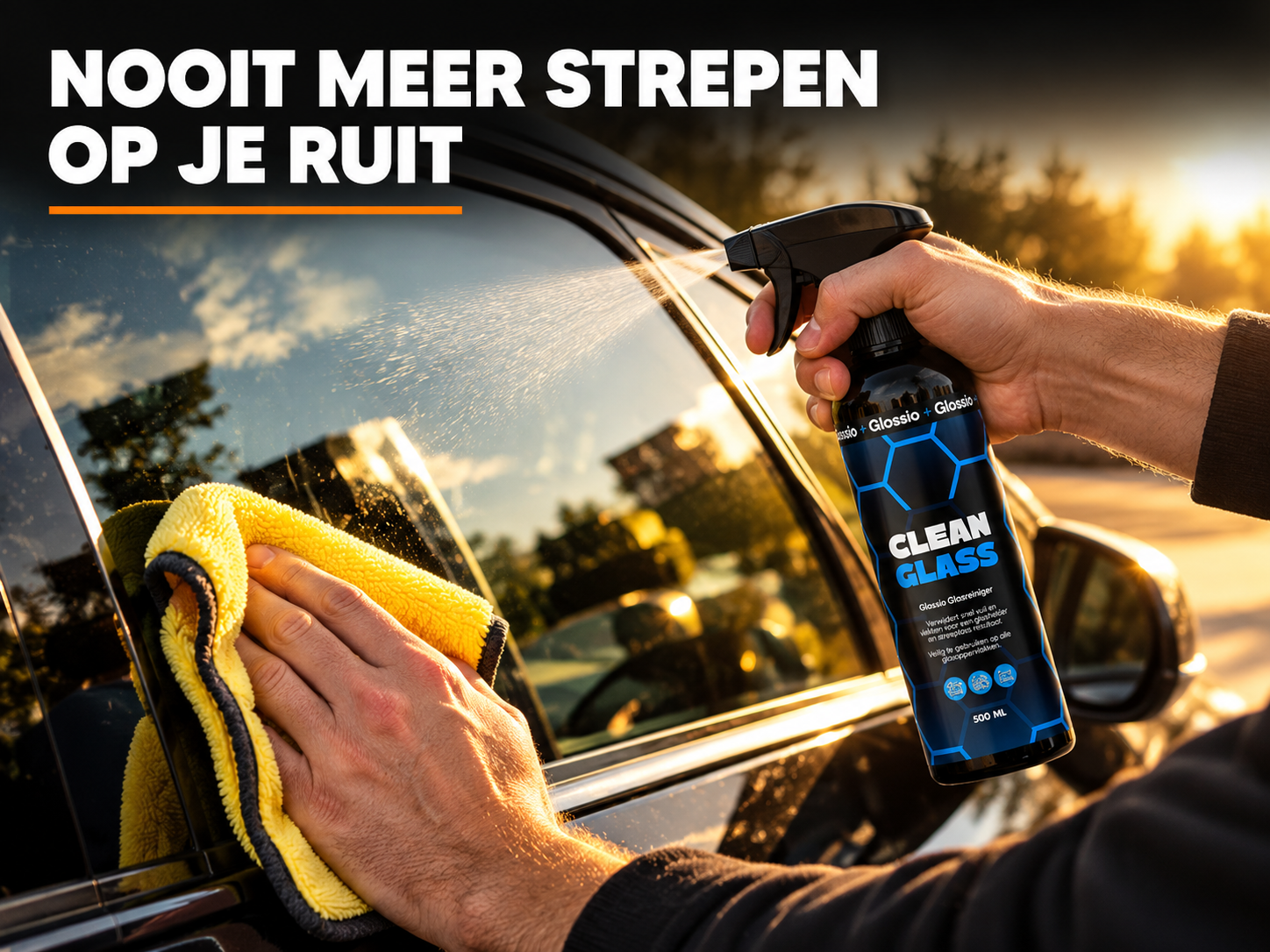 Autoruit streeploos schoongemaakt met Glossio Clean Glass in gouden avondlicht