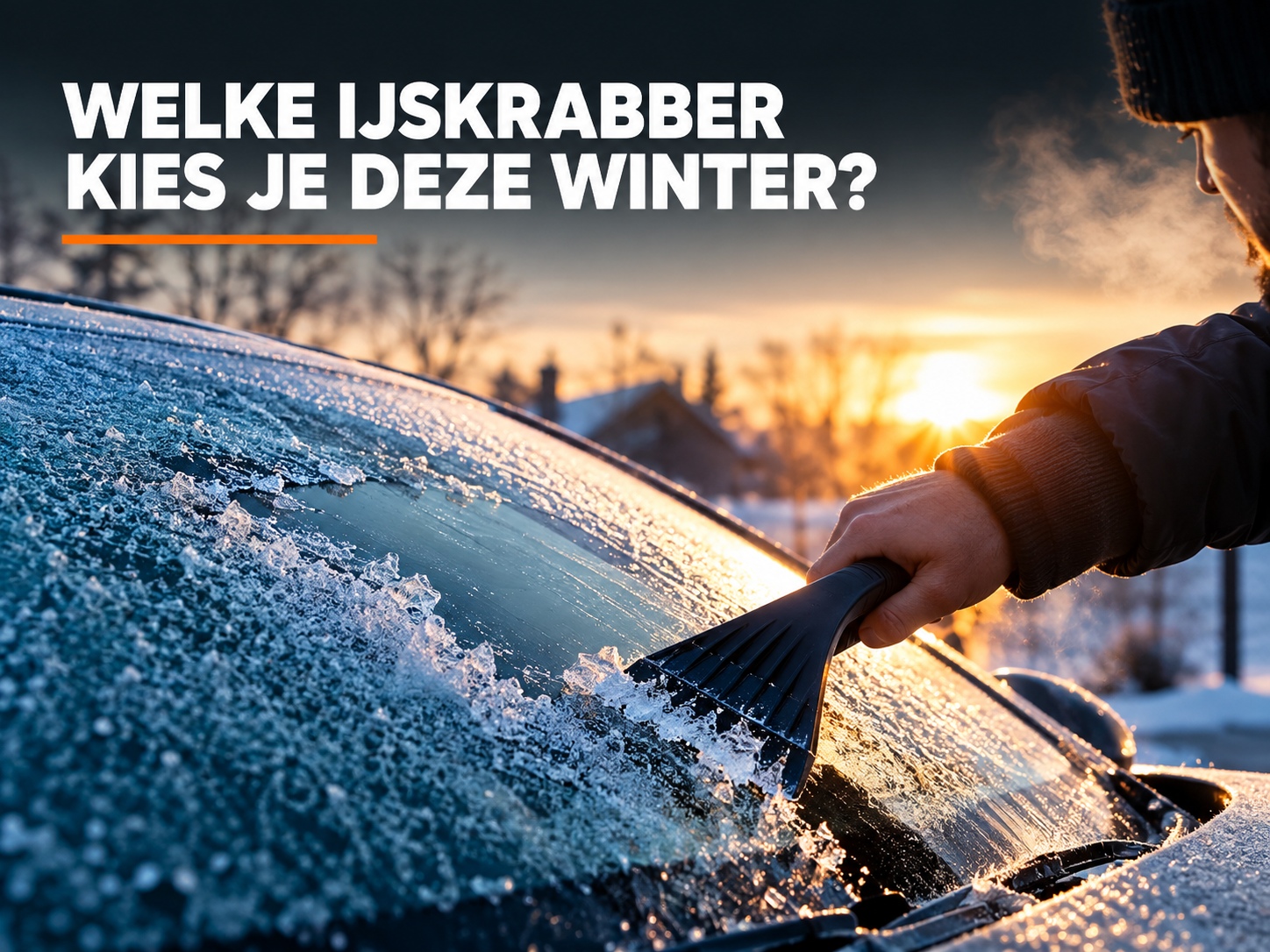 Hand krabt ijs van een beslagen voorruit bij zonsopkomst