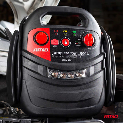 AMiO Jump Starter 12V 17Ah 900A 4in1 – Multifunctioneel Auto Accu Starter, Powerbank en Compressor JS01 Noodsituatie
