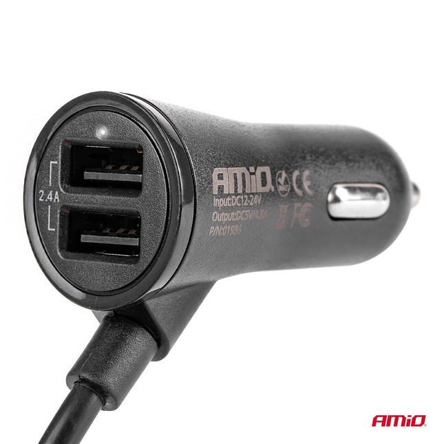 AMiO Auto USB Oplader met Verlengsnoer en 4 USB Poorten - Snelle Telefoonlader Handig Voorin en voor Kinderen Achterin op Vakantie