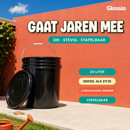 Glossio Detailing Emmer 20 Liter Zwart met Deksel – Stevige Wasemmer voor Krasvrij Wassen