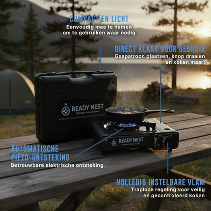 Draagbaar ReadyNest Nood Gasstel Campingkooktoestel met 4x Butaangas – Ideaal voor Noodpakket, Prepping en Buitenavonturen