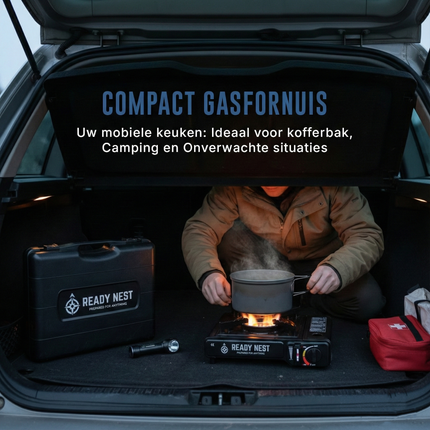 Draagbaar ReadyNest Nood Gasstel Campingkooktoestel met 4x Butaangas – Ideaal voor Noodpakket, Prepping en Buitenavonturen