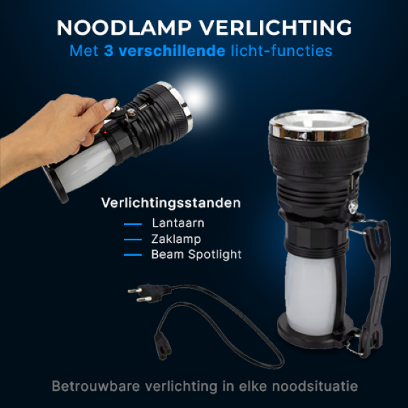 ReadyNest Solar LED Handlamp Zaklamp Lantaarn met 4 Functies – Oplaadbare Ronde Noodlamp Zonnepaneel of Stekker