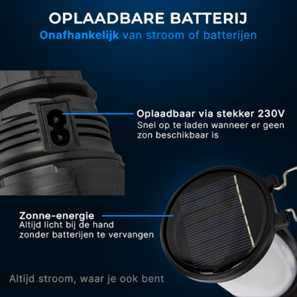 ReadyNest Solar LED Handlamp Zaklamp Lantaarn met 4 Functies – Oplaadbare Ronde Noodlamp Zonnepaneel of Stekker