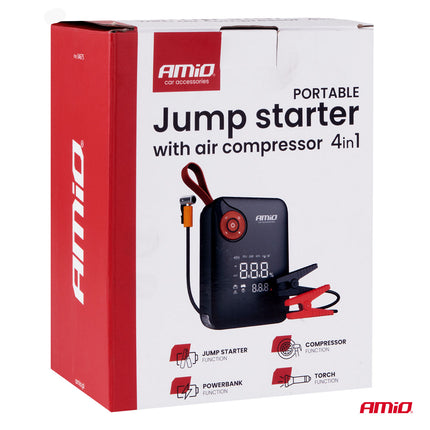 AMiO Portable Mini 4-in-1 Jump Starter – Powerbank 12V 600A met Air Compressor en LED Zaklamp – Draagbare Startbooster Auto – Smart Battery Booster
