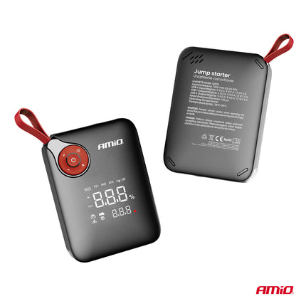 AMiO Portable Mini 4-in-1 Jump Starter – Powerbank 12V 600A met Air Compressor en LED Zaklamp – Draagbare Startbooster Auto – Smart Battery Booster