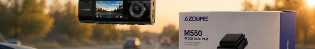 AZDome merkbanner - AZDome dashcam met verpakking op het dashboard | VCTparts