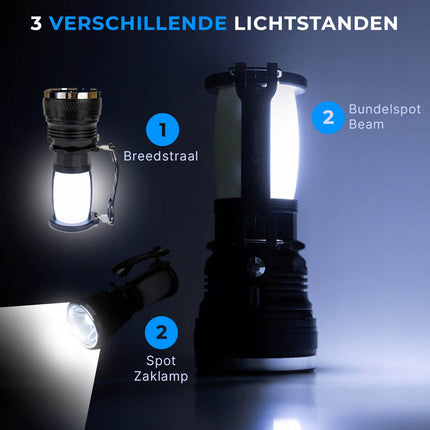 ReadyNest Solar LED Handlamp Zaklamp Lantaarn met 4 Functies – Oplaadbare Ronde Noodlamp Zonnepaneel of Stekker