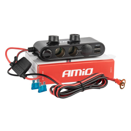AMiO 3 Dubbele Accu Aansluiting Splitter met (3x USB - A & 1x USB - C) 12V/24V en Voltmeter + Zekeringhouder Zwart - VCTparts.nl