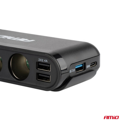 AMiO 3 Dubbele Accu Aansluiting Splitter met (3x USB - A & 1x USB - C) 12V/24V en Voltmeter + Zekeringhouder Zwart - VCTparts.nl