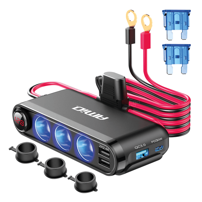 AMiO 3 Dubbele Accu Aansluiting Splitter met (3x USB - A & 1x USB - C) 12V/24V en Voltmeter + Zekeringhouder Zwart - VCTparts.nl