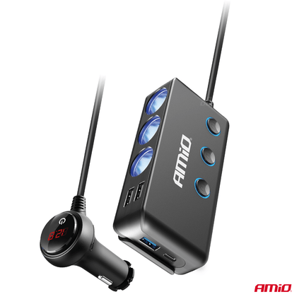 AMiO 3 Dubbele Sigarettenaansteker Plug Splitter met (3x USB - A & 1x USB - C) 12V/24V en Voltmeter Zwart - VCTparts.nl