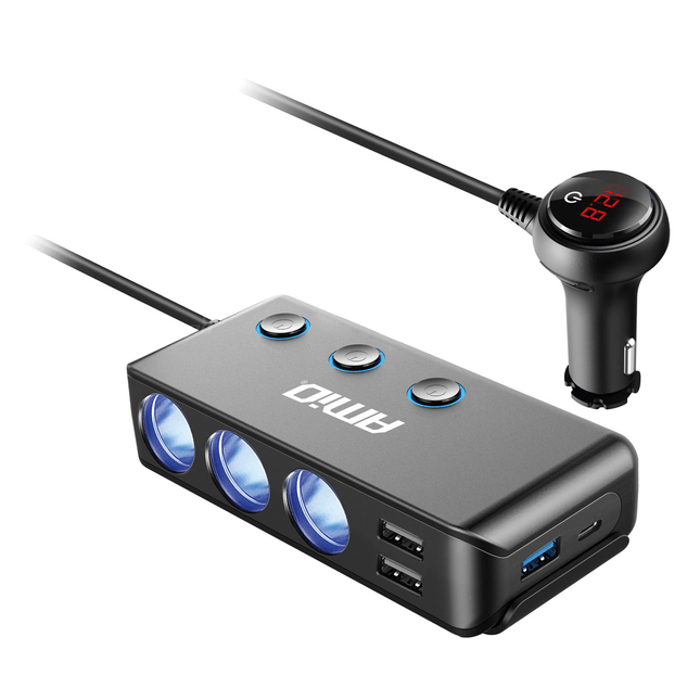 AMiO 3 Dubbele Sigarettenaansteker Plug Splitter met (3x USB - A & 1x USB - C) 12V/24V en Voltmeter Zwart - VCTparts.nl