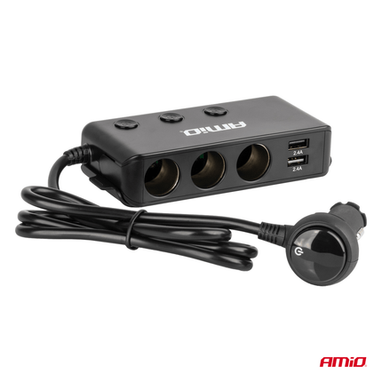 AMiO 3 Dubbele Sigarettenaansteker Plug Splitter met (3x USB - A & 1x USB - C) 12V/24V en Voltmeter Zwart - VCTparts.nl