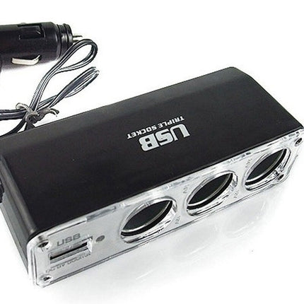 AMiO 3 Dubbele Sigarettenaansteker Plug Splitter met USB - A 12V/24V Zwart - VCTparts.nl