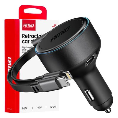 AMiO Auto Lader Met Oprolbare Kabel USB-C en Lightning + USB-C Poort 60W 12-24V - Snellader Met Power Delivery voor Auto en Truck