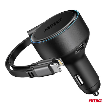 AMiO AMiO Auto Lader Met Oprolbare Kabel USB - C en Lightning + USB - C Poort 60W 12 - 24V - Snellader Met Power Delivery voor Auto en Truck AMiO 3