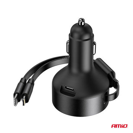 AMiO AMiO Auto Lader Met Oprolbare Kabel USB - C en Lightning + USB - C Poort 60W 12 - 24V - Snellader Met Power Delivery voor Auto en Truck AMiO 5
