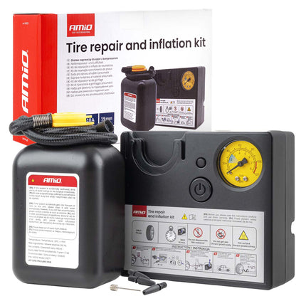 AMiO AMiO Bandenreparatie- en Oppompset 19mm Cilinder 12V - Compressor Lekke Band Repareren en Oppompen Auto AMiO 1