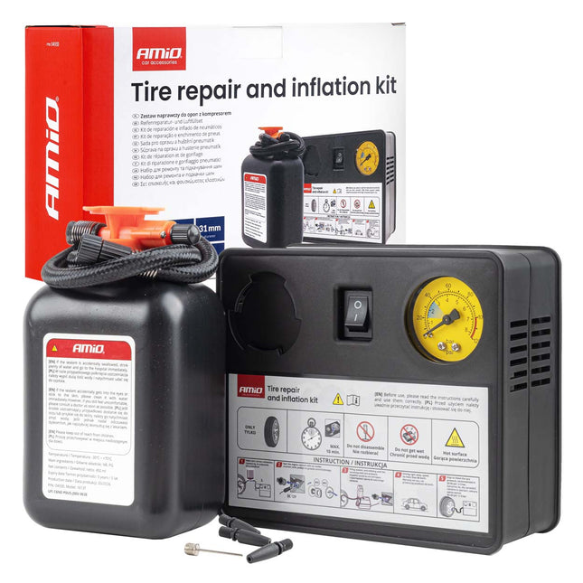 AMiO AMiO Bandenreparatie- en Oppompset 31mm Cilinder 12V - Krachtige Compressor Lekke Band Repareren en Oppompen Auto AMiO 1