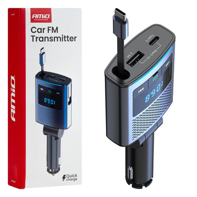 AMiO Car FM Transmitter – Bluetooth – USB-A en USB-C – Ingebouwde Uittrekbare USB-C Kabel – 12V/24V – Handsfree en Snelladen
