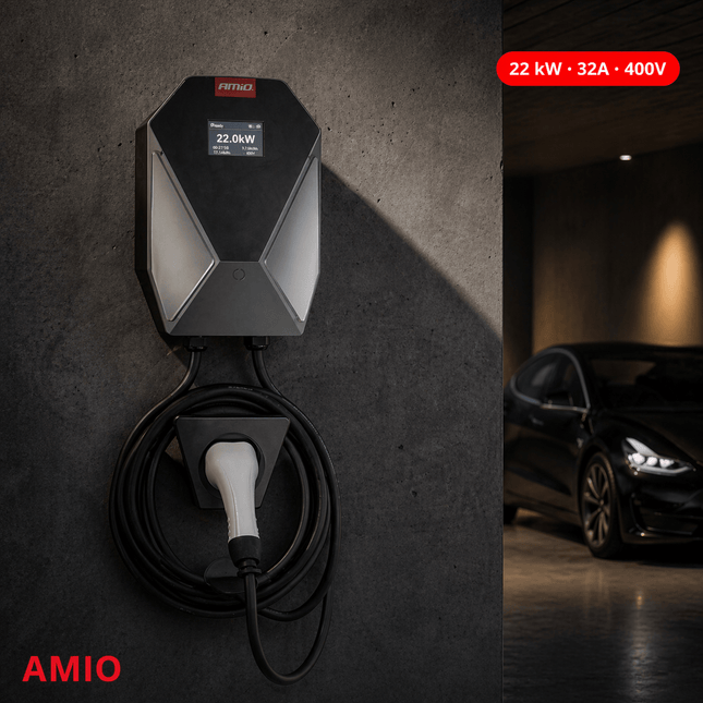 AMiO AMiO EV Lader 22kW 3 Fase 400V 32A Wallbox Super Snellader Elektrische Auto – LCD Display IP66 Laadstation 5 Meter Kabel – Professioneel en Zakelijk Gebruik AMiO 2