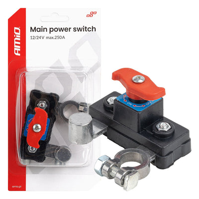 AMiO Hoofd Stroomschakelaar 12V-24V 250A – Battery Disconnect Switch Accu Schakelaar Onderbreker Anti Diefstal Universeel Auto Camper Vrachtwagen