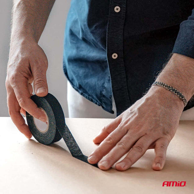AMiO AMiO Stoffen Isolatietape Zwart 19mm x 15m x 0.4mm - Professionele Kabelisolatie Tape voor Auto, Elektrische Installaties en Werkplaats Toepassingen AMiO 2