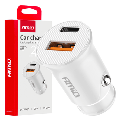 Amio Auto Charger USB-A + USB-C 20W 12/24V blanc
