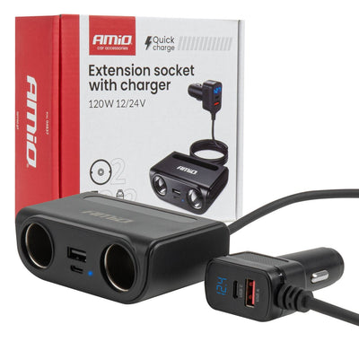AMiO Autolader Splitter 2x 12V Aansluiting + USB-C USB-A 120W – Snellader met QC 3.0 PD 3.0 en LED Display voor Auto en Bestelwagen