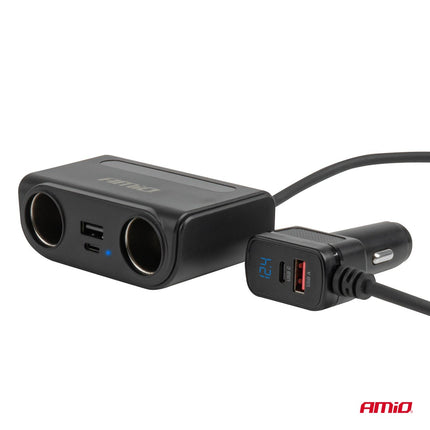 AMiO AMiO Autolader Splitter 2x 12V Aansluiting + USB - C USB - A 120W – Snellader met QC 3.0 PD 3.0 en LED Display voor Auto en Bestelwagen AMiO 4