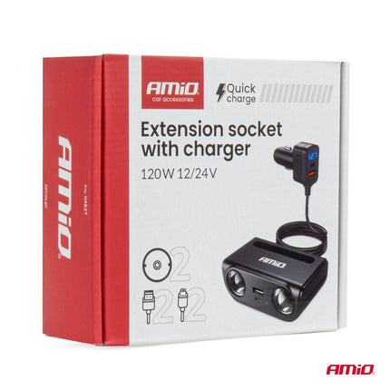 AMiO AMiO Autolader Splitter 2x 12V Aansluiting + USB - C USB - A 120W – Snellader met QC 3.0 PD 3.0 en LED Display voor Auto en Bestelwagen AMiO 8