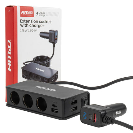 AMiO AMiO Autolader Splitter 3x USB - A + USB - C 148W – Snellader met QC 3.0 PD 3.0 en 75cm Kabel voor Auto en Bestelwagen AMiO 1