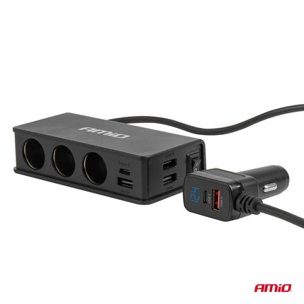 AMiO AMiO Autolader Splitter 3x USB - A + USB - C 148W – Snellader met QC 3.0 PD 3.0 en 75cm Kabel voor Auto en Bestelwagen AMiO 5
