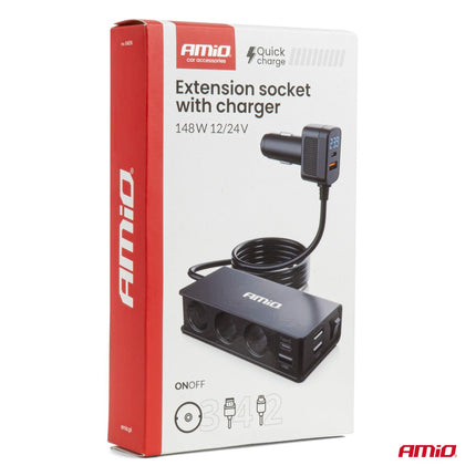 AMiO AMiO Autolader Splitter 3x USB - A + USB - C 148W – Snellader met QC 3.0 PD 3.0 en 75cm Kabel voor Auto en Bestelwagen AMiO 10