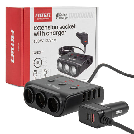 AMiO AMiO Autolader Splitter 4x USB - A 180W – Snellader met QC 3.0 PD 3.0 en LED Display voor Auto en Bestelwagen AMiO 1