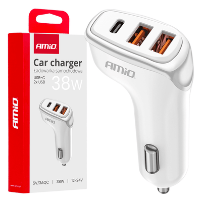 Amio Car Charger Téléphone 2x USB-A + 1X USB-C 38W 12/24V blanc