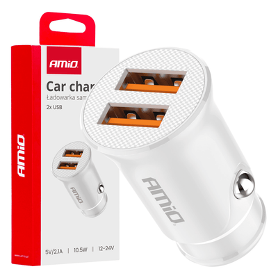 Amio Car Charger Téléphone 2x USB-A 2.1A 12 / 24V blanc