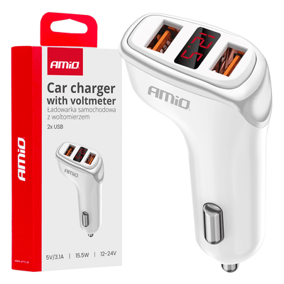 Amio Car Charger Téléphone 2x USB-A 3.1A LCD 12 / 24V blanc
