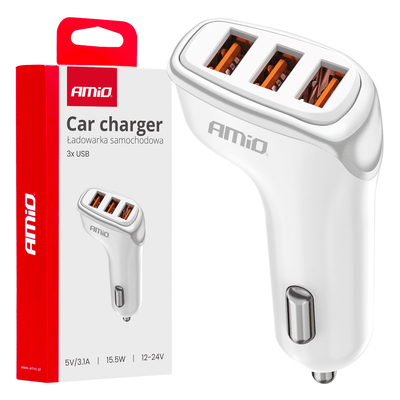 Amio Car Charger Téléphone 3X USB-A 3.1A 12 / 24V blanc