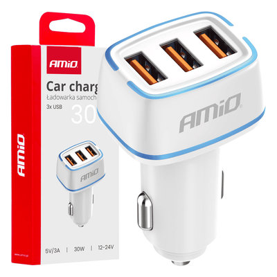 Amio Car Charger Téléphone 3X USB-A 32W 12 / 24V blanc